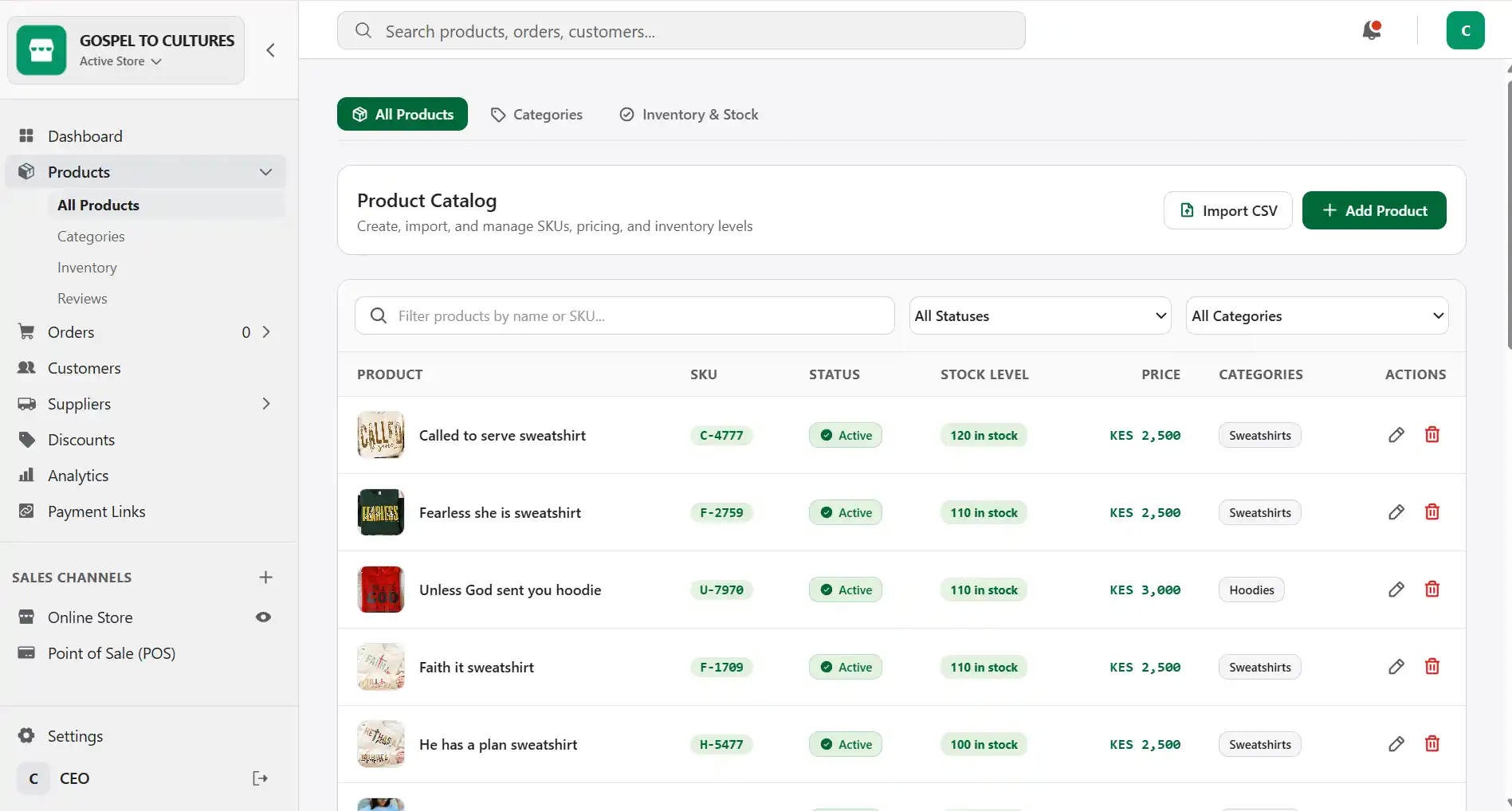 Dukene merchant dashboard products page showing inventory and pricing