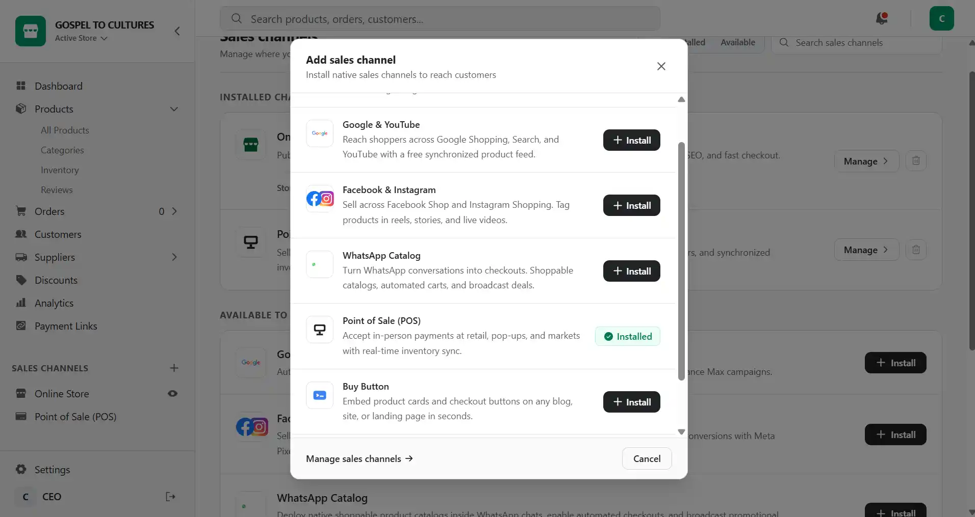 Dukene merchant dashboard sales channels showing WhatsApp and storefront sync